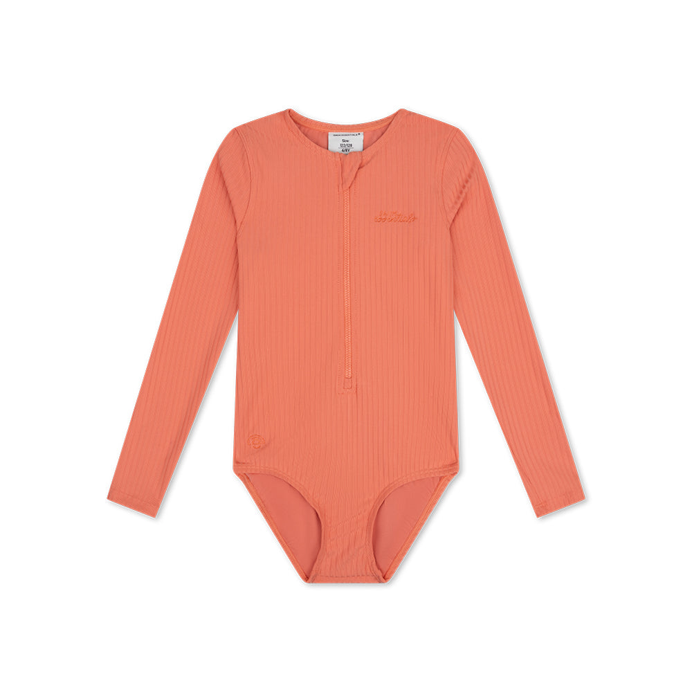 Coral pink ribbed long-sleeve swimsuit on a white background