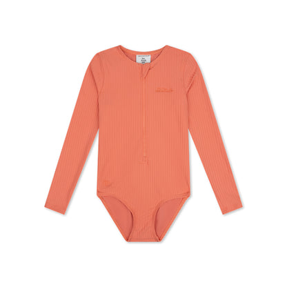 Coral pink ribbed long-sleeve swimsuit on a white background