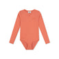 Coral pink ribbed long-sleeve swimsuit on a white background