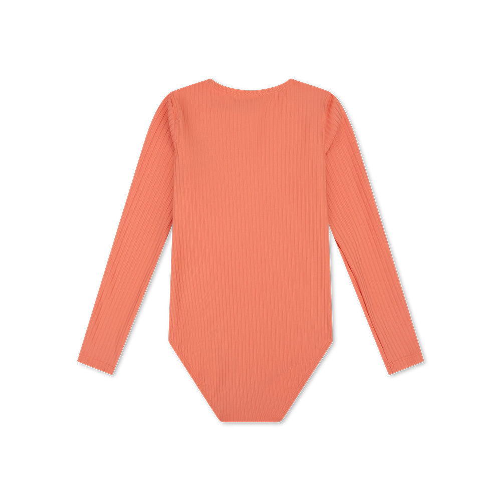 Coral ribbed long-sleeve swimsuit on a white background