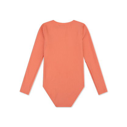 Coral ribbed long-sleeve swimsuit on a white background