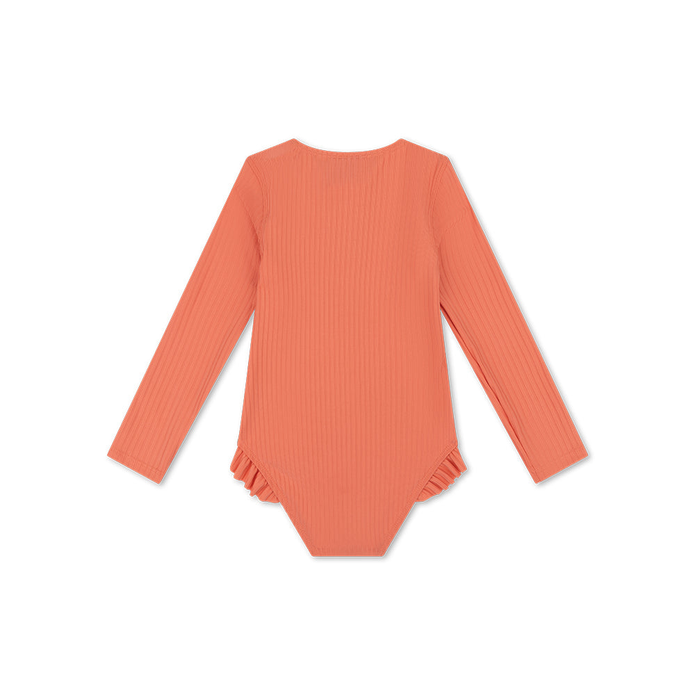 Coral ribbed long-sleeve swimsuit on a white background
