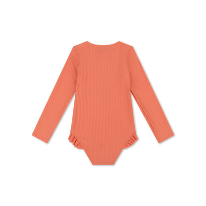 Coral ribbed long-sleeve swimsuit on a white background