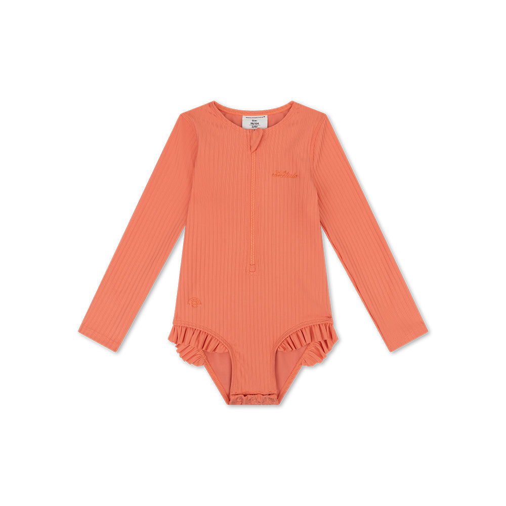 Coral ribbed pink swimsuit with long sleeves on a white background