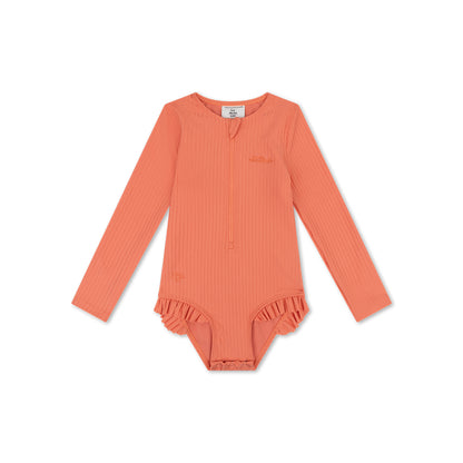 Coral ribbed pink swimsuit with long sleeves on a white background