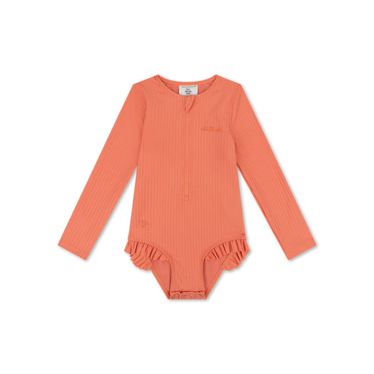 Coral ribbed pink swimsuit with long sleeves on a white background