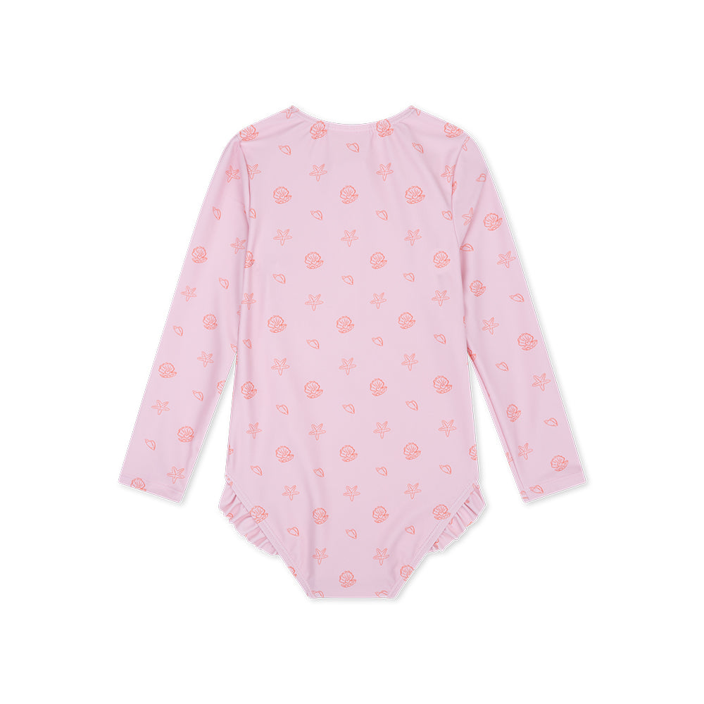 Pink children's swimsuit with floral pattern on a white background