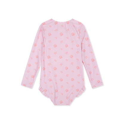 Pink children's swimsuit with floral pattern on a white background