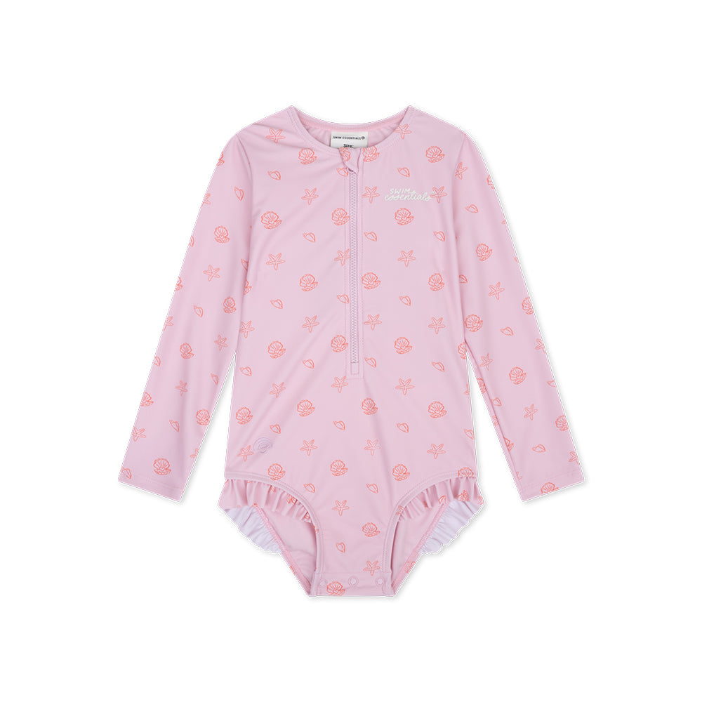 Pink children's Shell Tastic swimsuit with floral pattern on a white background