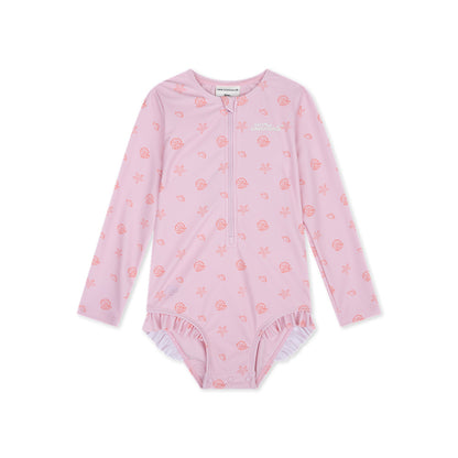 Pink children's Shell Tastic swimsuit with floral pattern on a white background