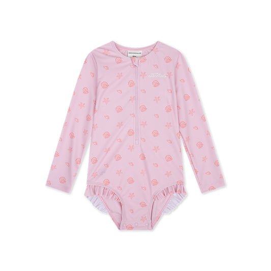 Pink children's Shell Tastic swimsuit with floral pattern on a white background