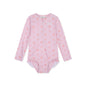 Pink children's Shell Tastic swimsuit with floral pattern on a white background