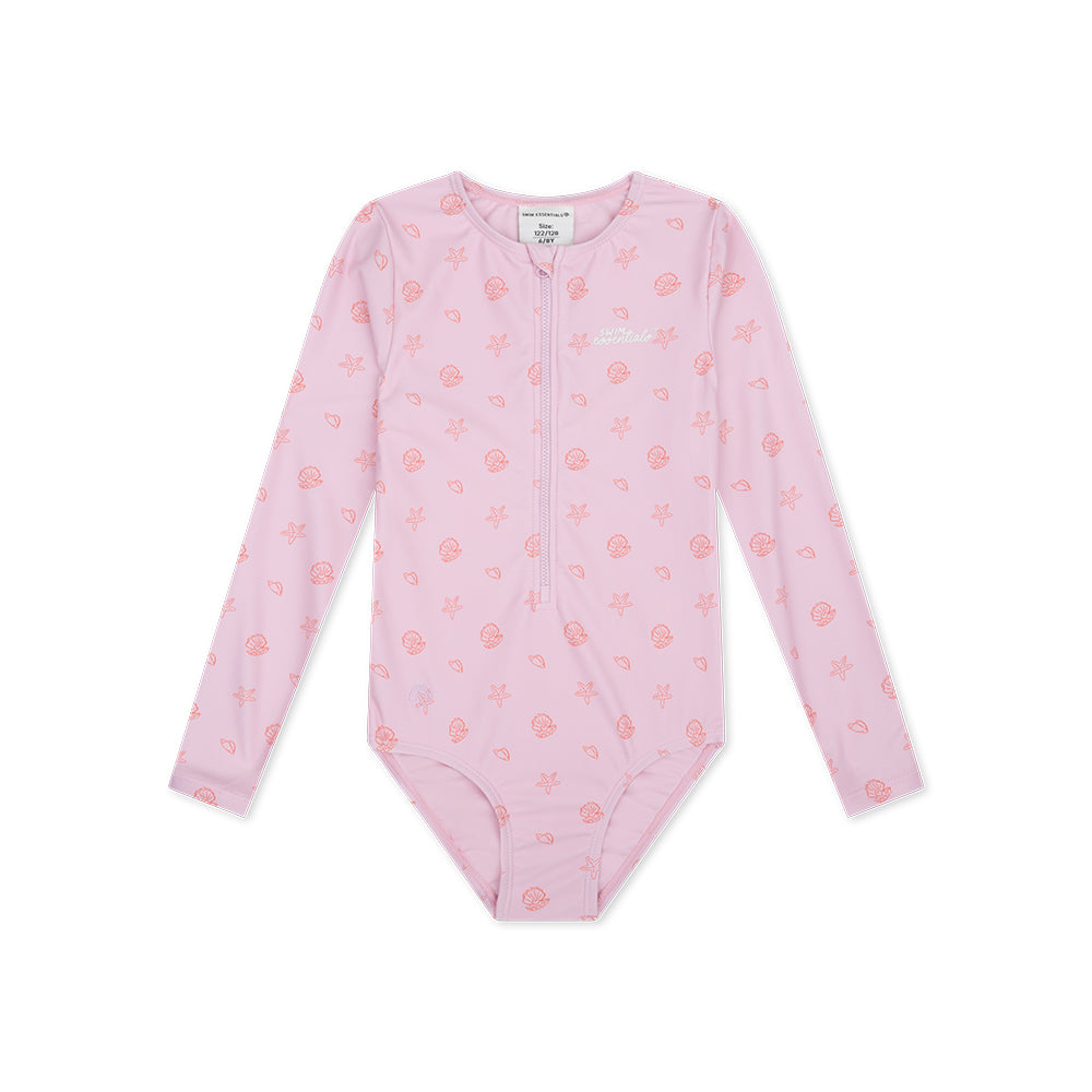 Pink children's swimsuit with floral pattern on a white background
