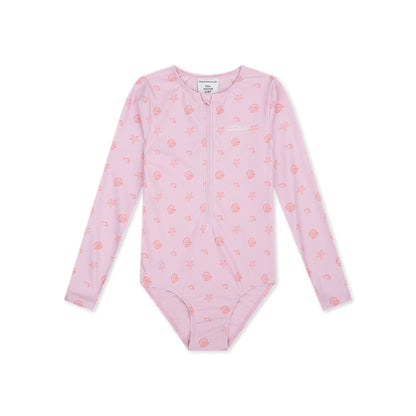 Pink children's swimsuit with floral pattern on a white background