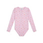 Pink children's swimsuit with floral pattern on a white background