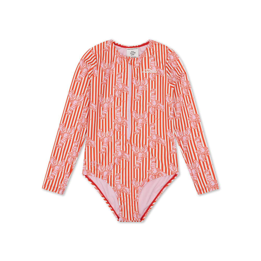 Red and white striped swimsuit with long sleeves and lobster pattern on a white background
