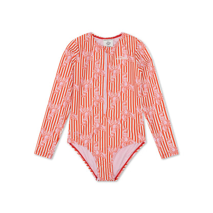 Red and white striped swimsuit with long sleeves and lobster pattern on a white background