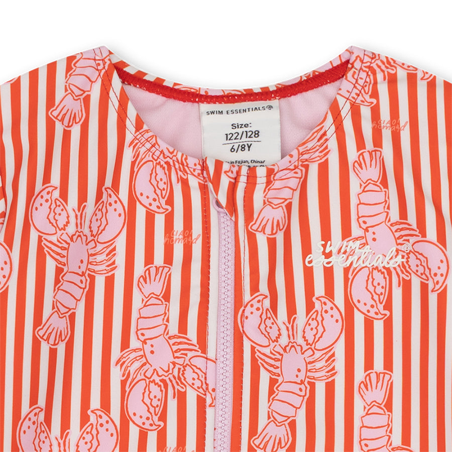 Children's swimsuit with lobster pattern and red stripes on a white background