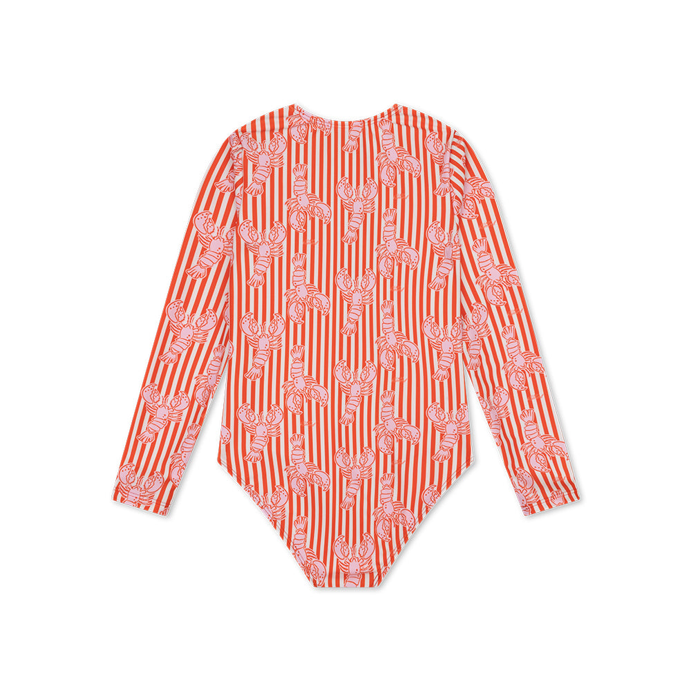 Red and white lobster patterned long-sleeve swimsuit on a white background