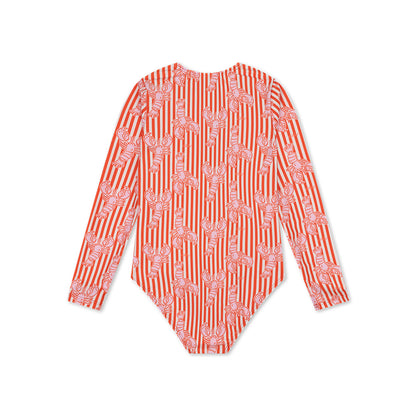 Red and white lobster patterned long-sleeve swimsuit on a white background