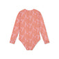 Red and white lobster patterned long-sleeve swimsuit on a white background