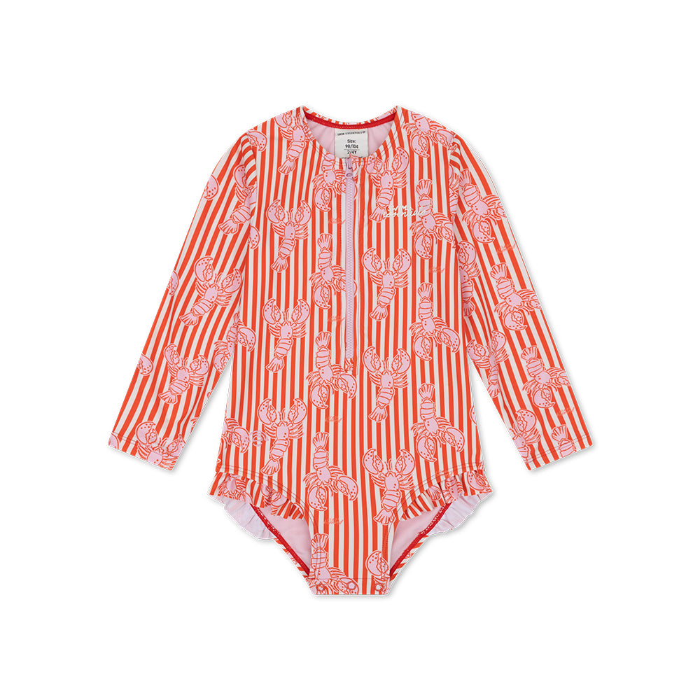 Red and white striped lobster patterned swimsuit on a white background