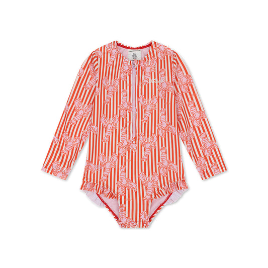 Red and white striped lobster patterned swimsuit on a white background