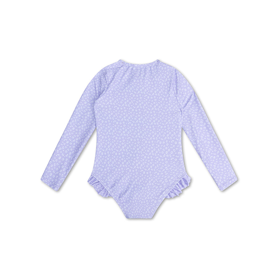 Purple leopard print swimsuit with long sleeves on a white background