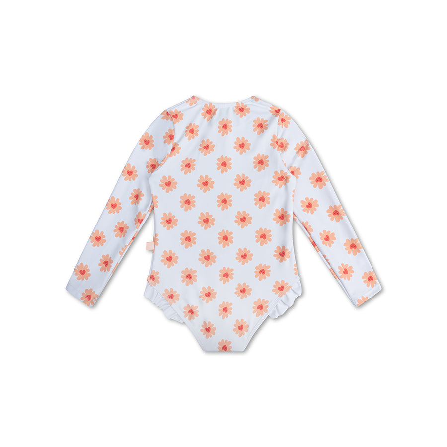 White swimsuit Floral Love with orange floral pattern on a white background