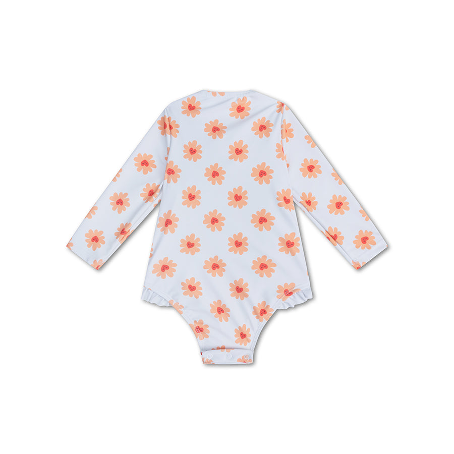 Floral-patterned long-sleeve children swimsuit on a white background