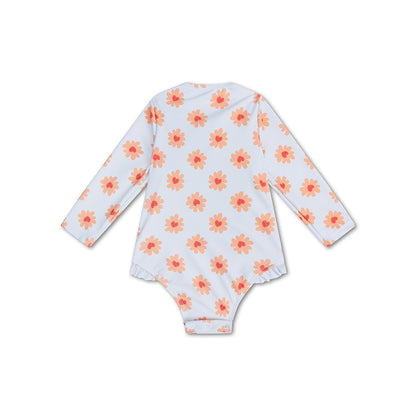 Floral-patterned long-sleeve children swimsuit on a white background