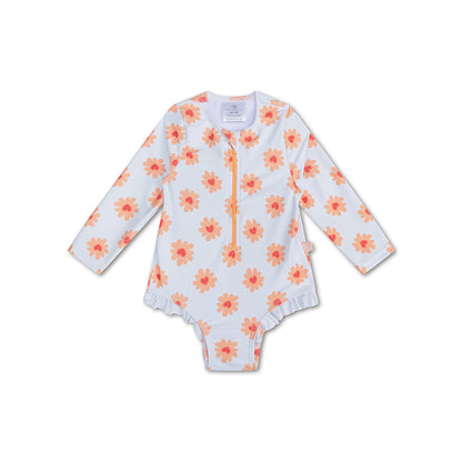 Floral-patterned children swimsuit with long sleeves on a white background